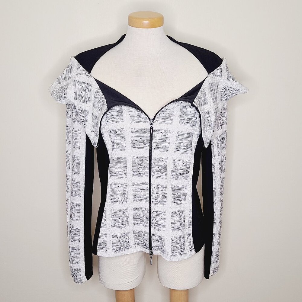 Joseph Ribkoff Black and White Off-Shoulder Zip Front Jacket - Picture 2 of 11